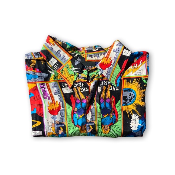 Vintage Men’s Silk Short Sleeve Button Down with Comic Book Motif, Size Large - Picture 4 of 4